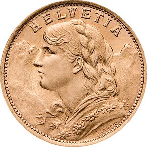 Złota moneta lokacyjna Vreneli 20 Franków Vreneli