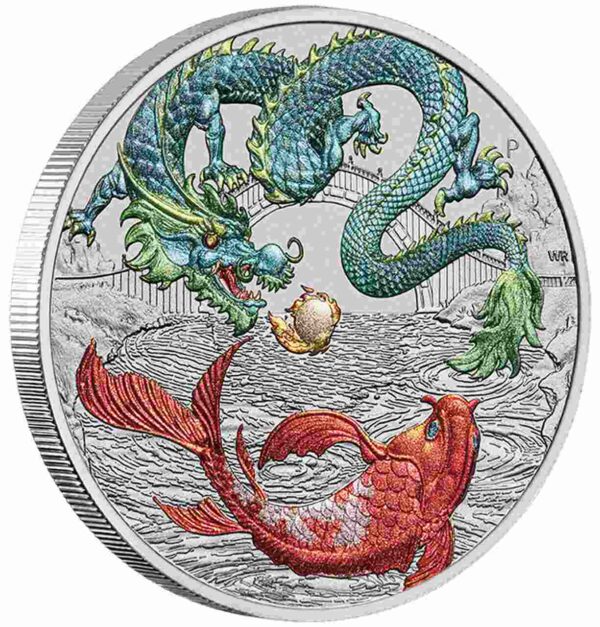 Dragon and Koi Chinese Myths and Legends 1 uncja srebra 2023 Green Coloured