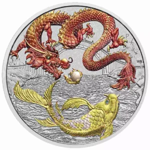 Dragon & Koi Chinese Myths and Legends 1 uncja srebra 2023 Red Coloured