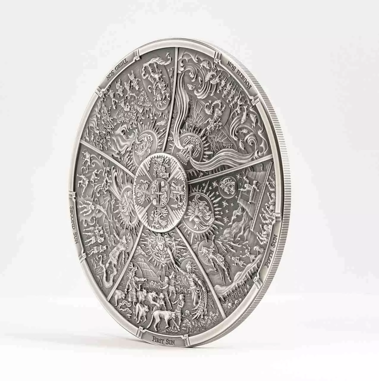Aztec Five Suns Ages of Man Creation of World 3 uncje srebra 2021 - obrazek 2