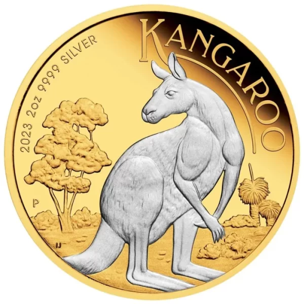 Australian Kangaroo 2 uncje srebra 2023 PROOF Reverse Gilded