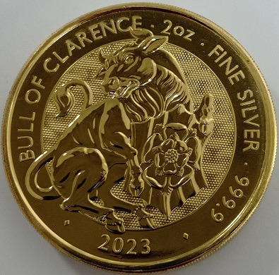 The Bull of Clarence Tudor Beasts 2 uncje srebra 2023 Pełne złocenie