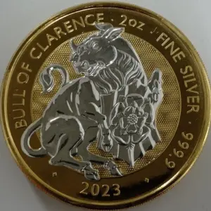 The Bull of Clarence Tudor Beasts 2 uncje srebra 2023 Złocenie selektywne