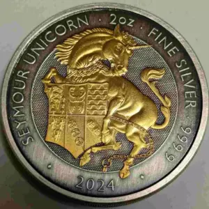 The Seymour Unicorn Tudor Beasts 2 uncje srebra 2024 Antique Gold