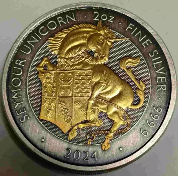 The Seymour Unicorn Tudor Beasts 2 uncje srebra 2024 Antique Gold