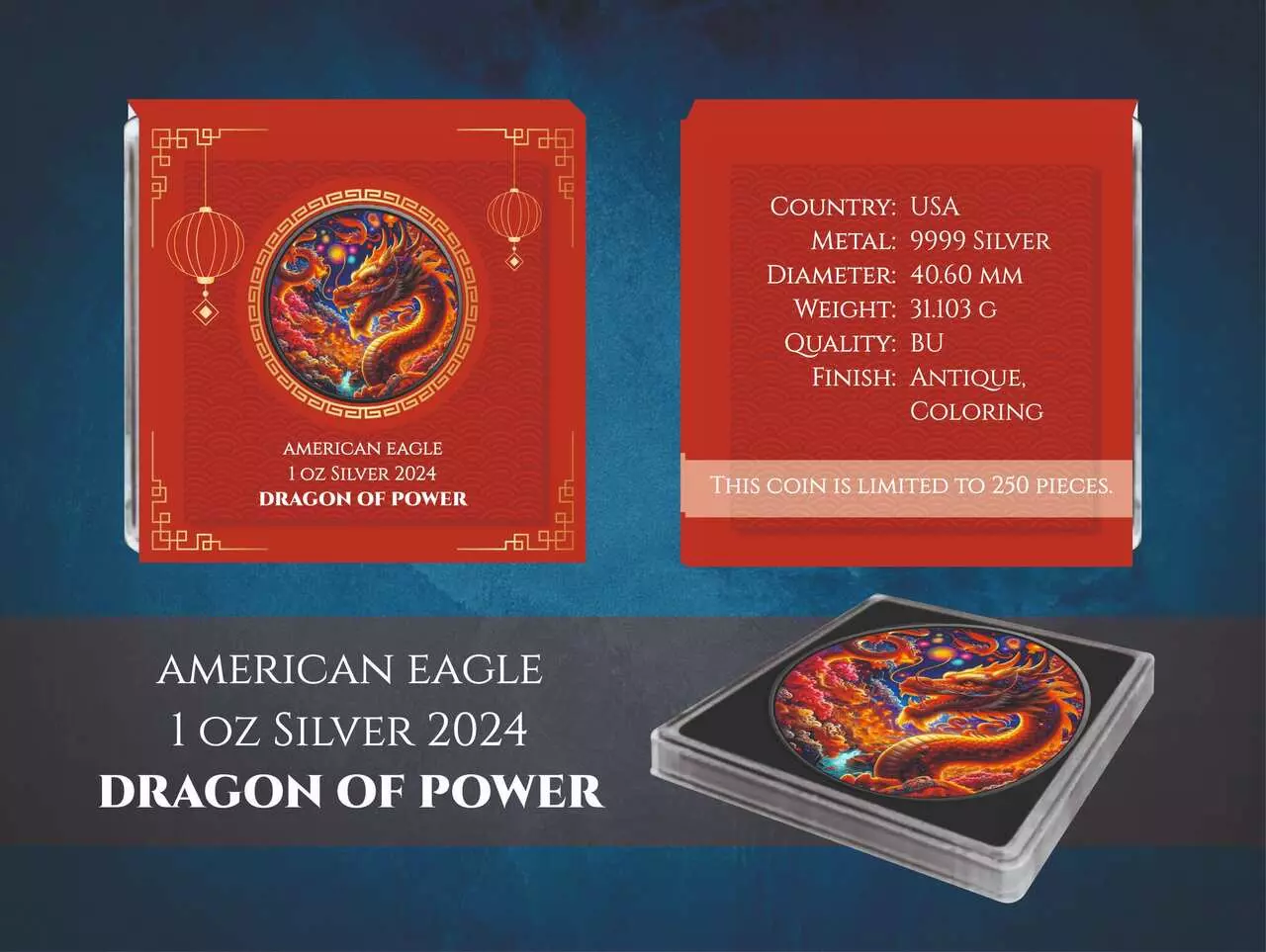 Amerykański Orzeł 1 uncja Srebra 2024 Dragon of Power - obrazek 3