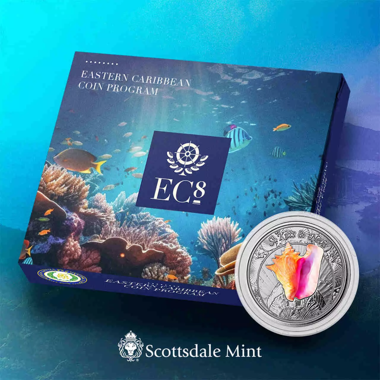 EC8 St Kitts And Nevis Conch Shell 1 uncja srebra 2023 Kolorowany - obrazek 2