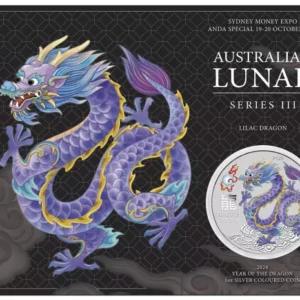 Srebrna moneta Rok Smoka 1 uncja Lilac in card 2024