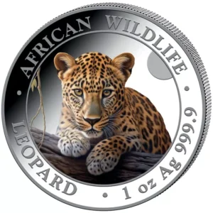 Srebrna moneta Leopard African Wildlife 1 uncja srebra 2025 Kolorowany