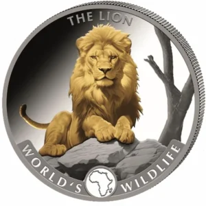 Srebrna moneta Congo World's Wildlife: Lion 1 uncja srebra 2025 Selektywne złocenie