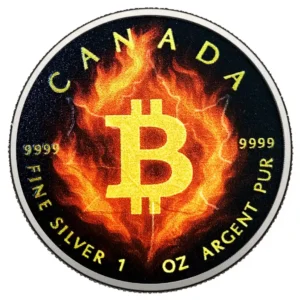 Srebrna Moneta Kanadyjski Liść Klonowy 1 uncja srebra 2025 – Płonący Bitcoin