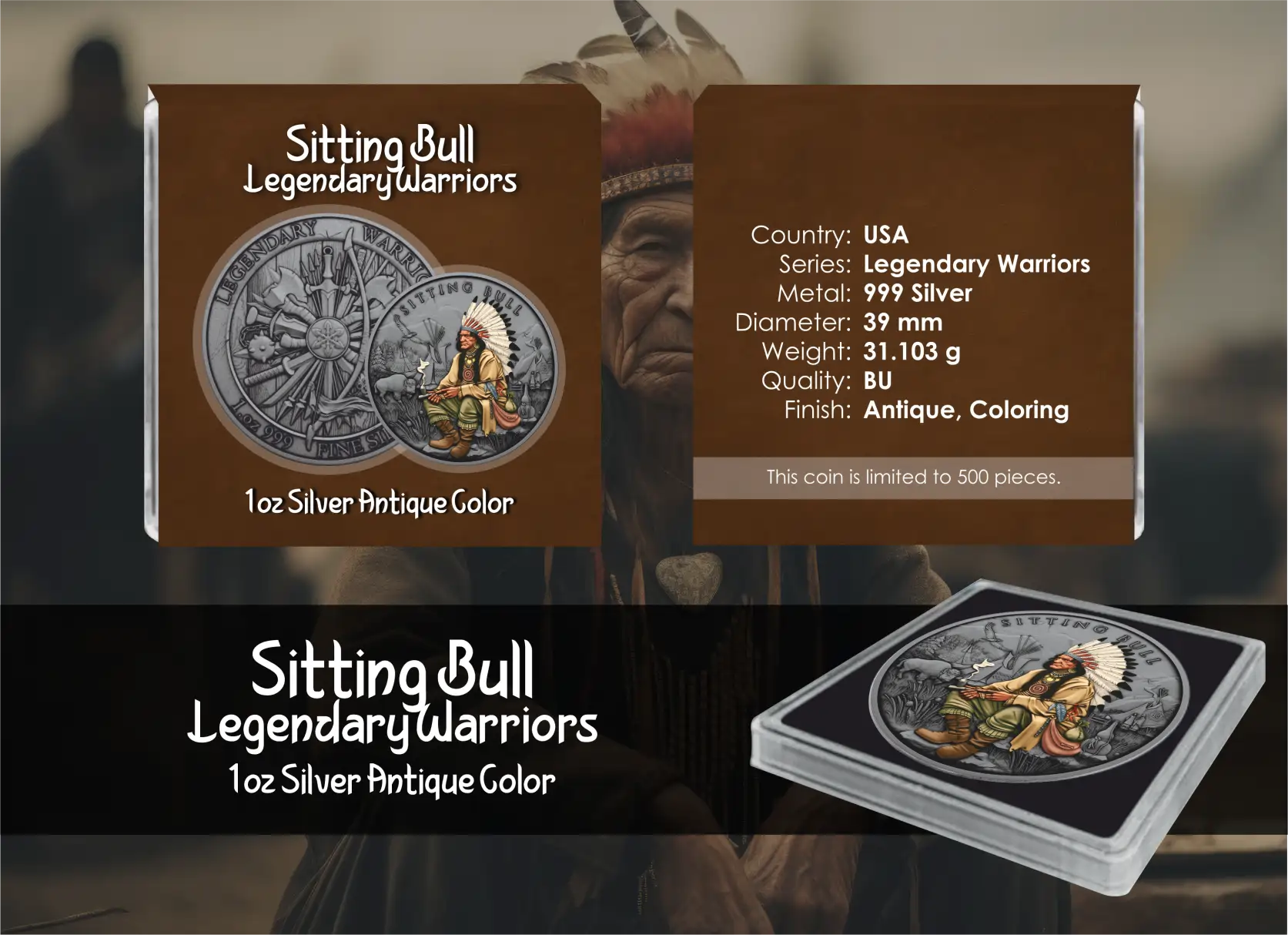 Srebrna moneta Sitting Bull Legendary Warriors 1 uncja srebra Antique Color - obrazek 3