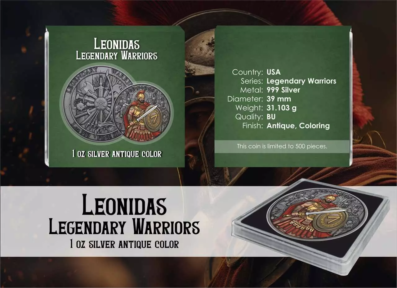 Srebrna moneta Leonidas Legendary Warriors 1 uncja srebra Antique Color - obrazek 3