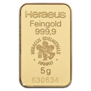 Sztabka złota 5 g Heraeus Bez Certipacku