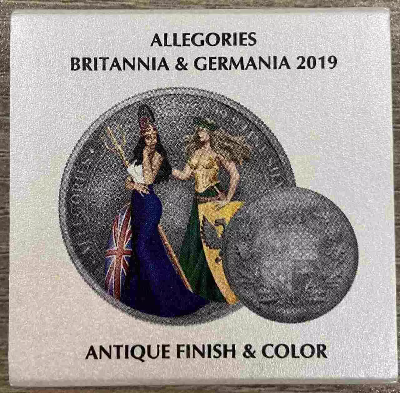Srebrna moneta Britannia and Germania Allegories 1 uncja Srebra 2019 Antique Finish and Color - obrazek 3