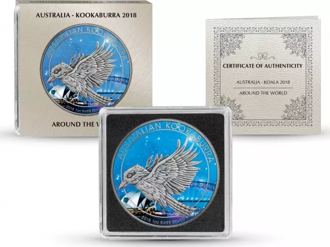 Srebrna moneta Kookaburra Australia Around The World 1 uncja Srebra 2018 - obrazek 3