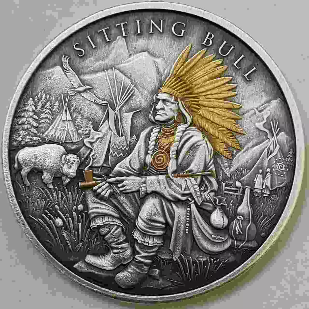 Srebrna moneta Sitting Bull Legendary Warriors 1 uncja srebra Antique Gold