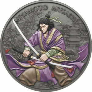 Srebrny medal Miyamoto Musashi Legendary Warriors 1 uncja srebra Antique Color