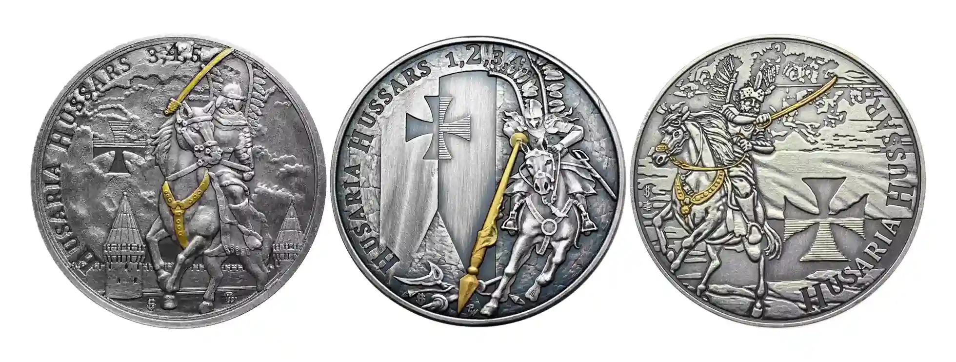 Zestaw 3 medali Husaria 1 uncja srebra Antique Gold edycje II, III i IV