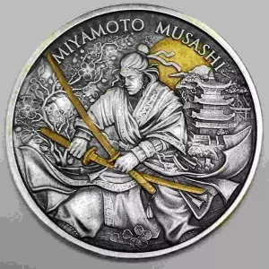 Srebrny medal Miyamoto Musashi Legendary Warriors 1 uncja srebra Antique Gold