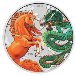 Srebrna moneta Dragon and Horse Chinese Myths and Legends Fire and Earth 1 uncja srebra 2026 Kolorowana