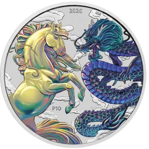 Srebrna moneta Dragon and Horse Chinese Myths and Legends Opalite 1 uncja srebra 2026 Kolorowana