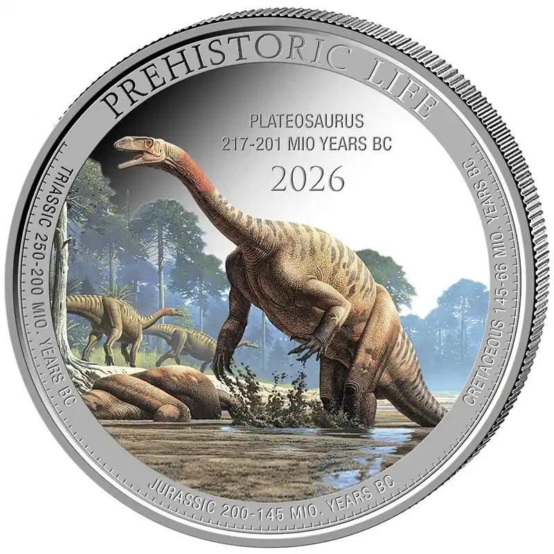 Srebrna Moneta Prehistoric Life II: Plateosaurus 1 uncja srebra 2026 Kolorowany