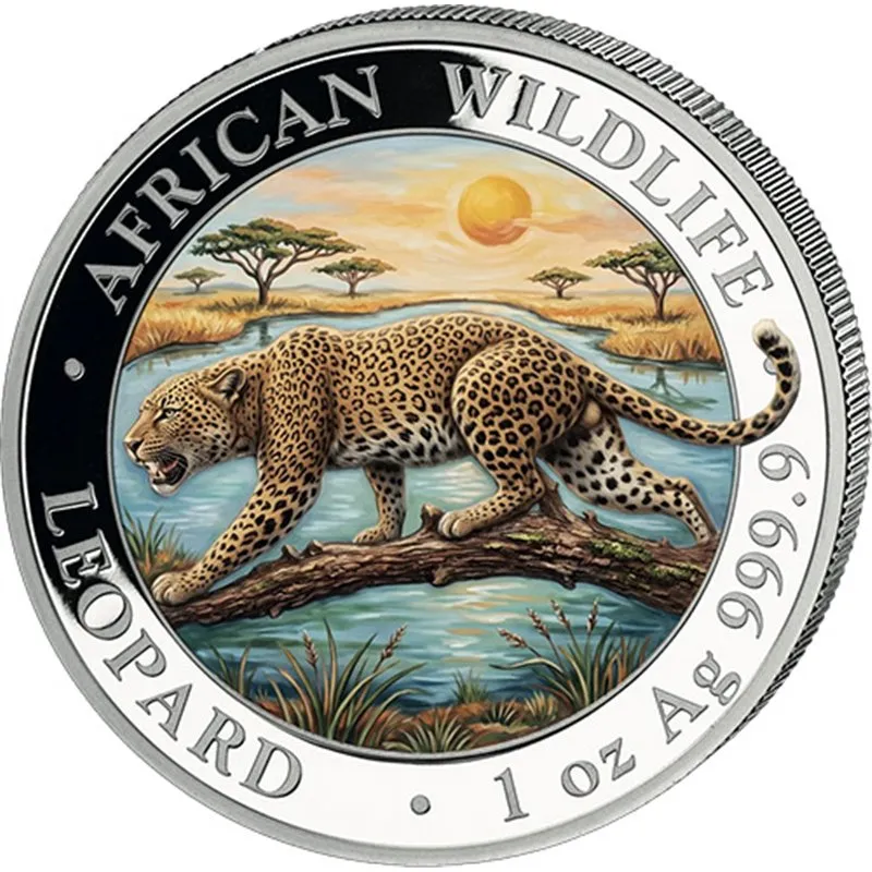 Srebrna moneta Leopard African Wildlife 1 uncja srebra 2026 Kolorowana