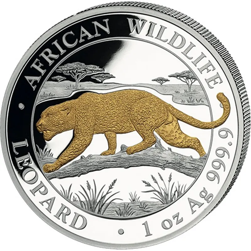 Srebrna moneta Leopard African Wildlife 1 uncja srebra 2026 Pozłacana