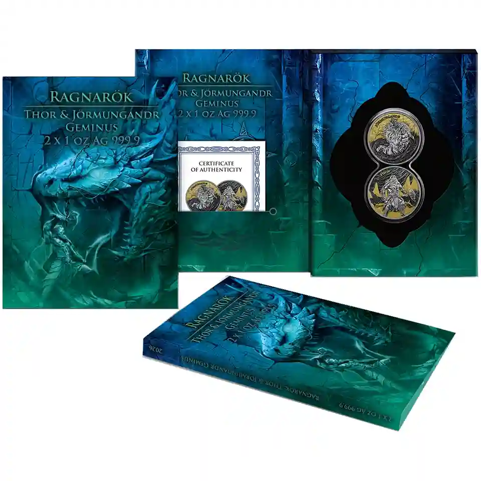 Srebrna moneta Ragnarök Thor & Jörmungandr Geminus 2 × 1 uncja srebra 2026 - obrazek 4