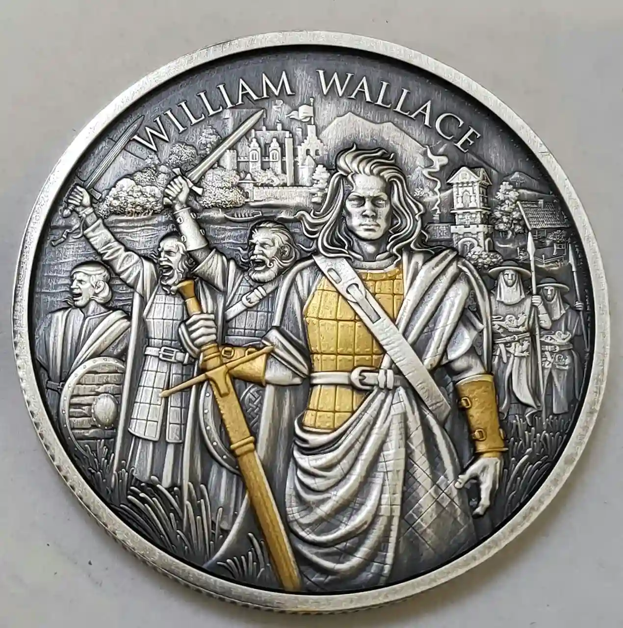 Srebrny medal William Wallace Legendary Warriors 1 uncja srebra Antique Gold